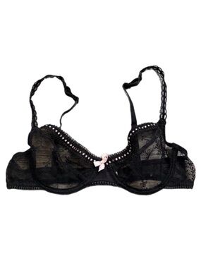 90s/Y2K French Vintage Passionata Embroidery Mesh Unlined Bra (Black/Pink) 34B